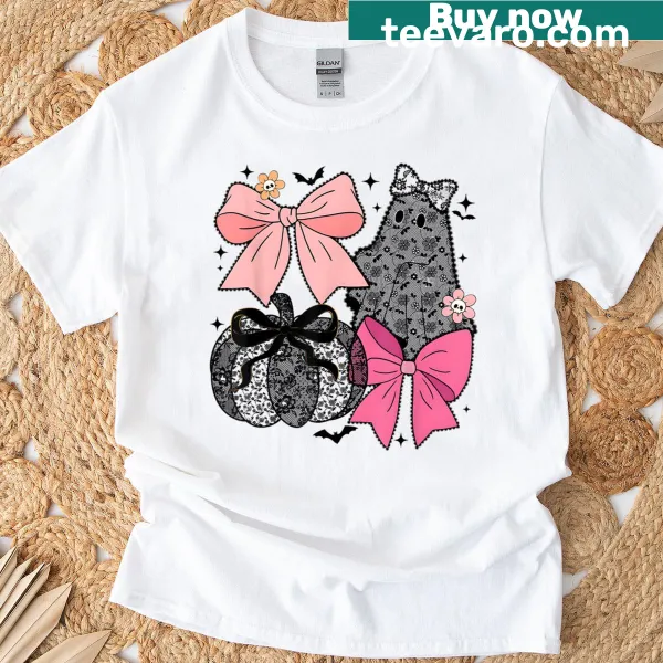Cute Halloween t-shirt with a ghost, pumpkin, and bows design