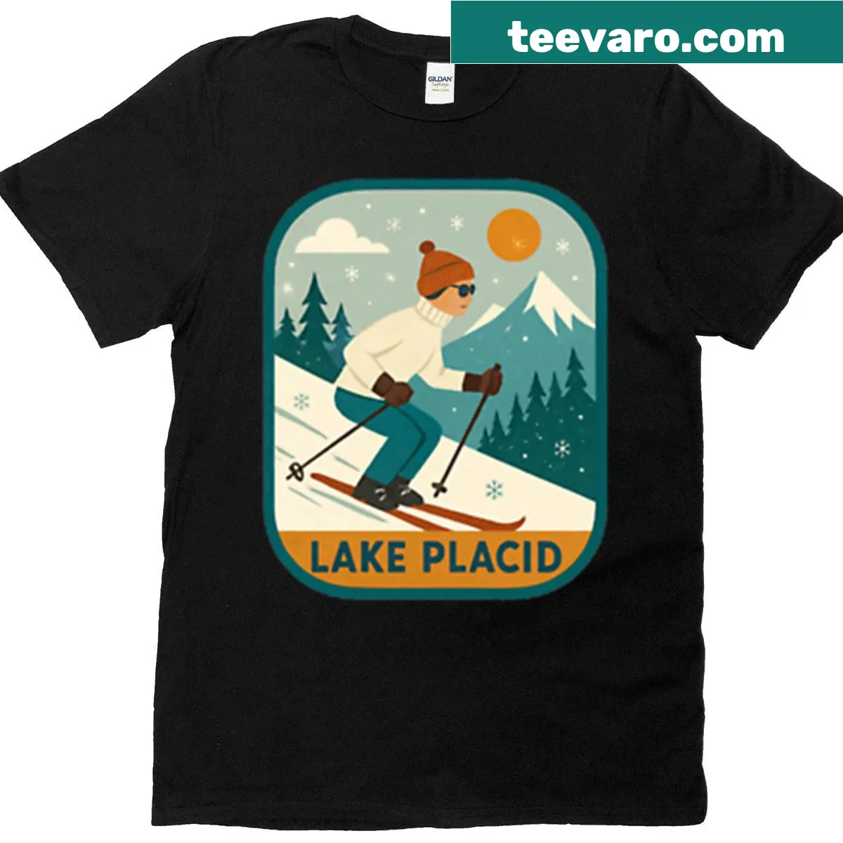 T-shirt featuring a tranquil landscape design inspired by Lake Placid — on a men's t-shirt