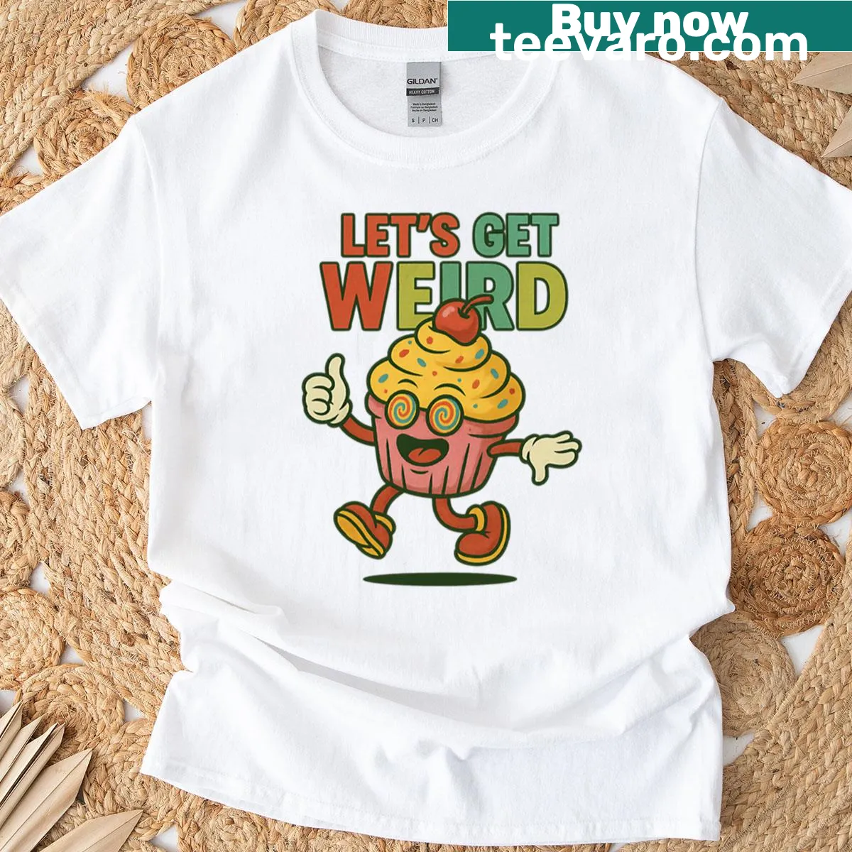 Cartoon cupcake T-shirt with Let’s Get Weird slogan — on a men's t-shirt