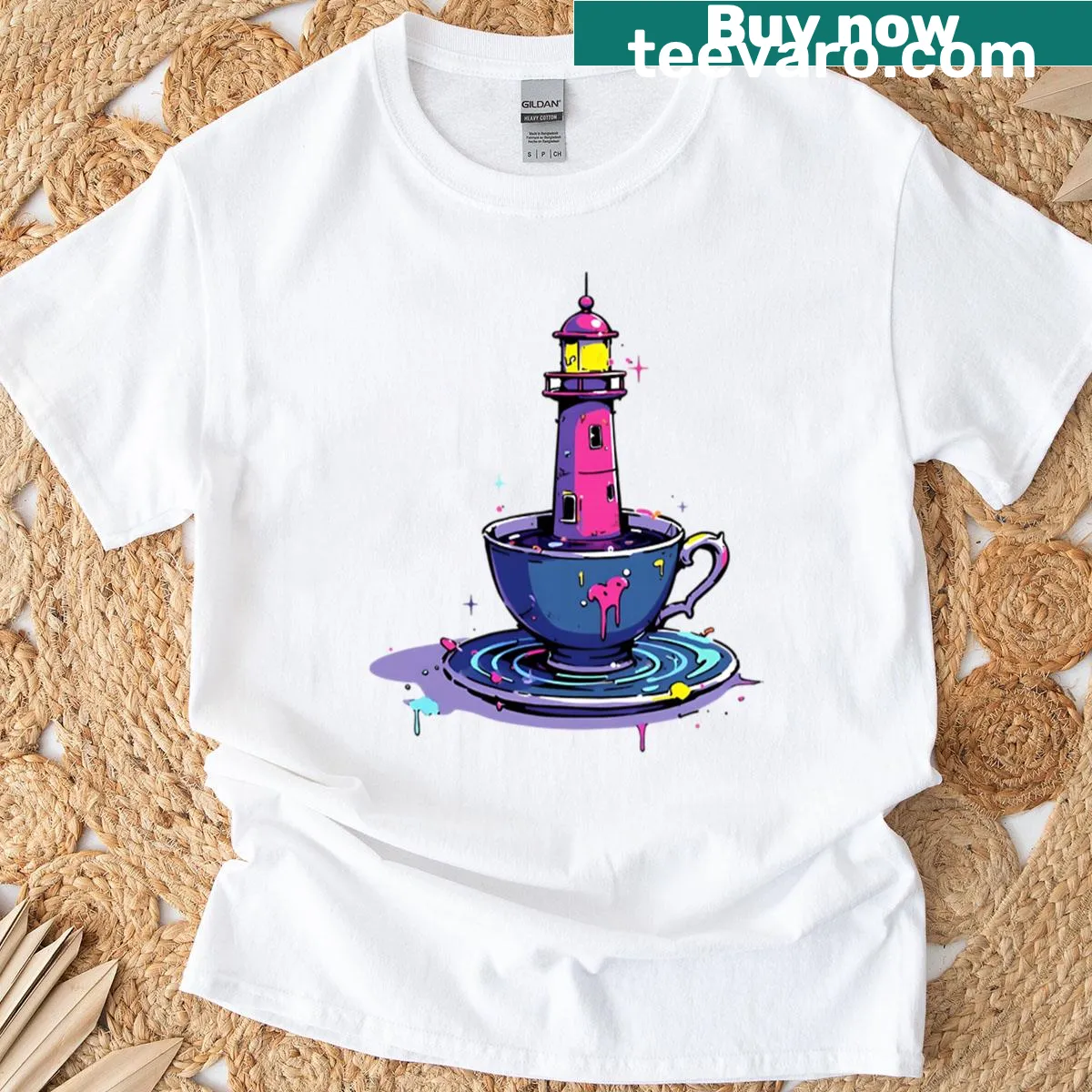 Cute illustration of a lighthouse in a teacup on a cozy art T-shirt — on a men's t-shirt