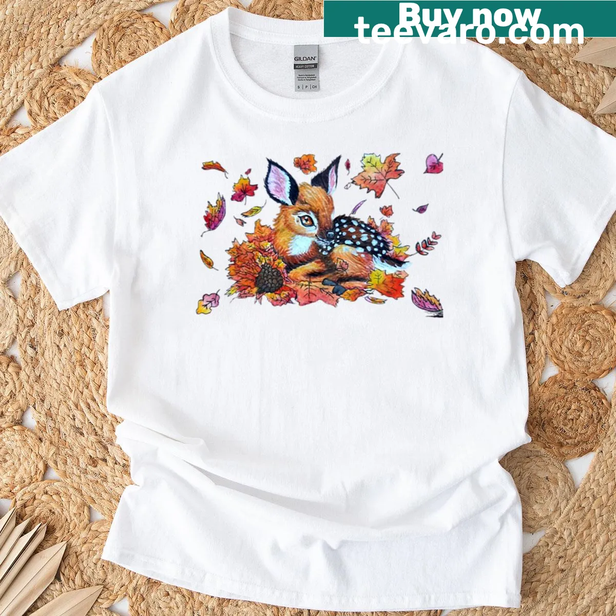Illustration of a fawn in autumn leaves on T-shirt — on a men's t-shirt