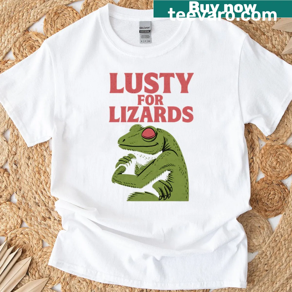 Funny reptile meme graphic t-shirt showcasing a playful lizard design — on a men's t-shirt