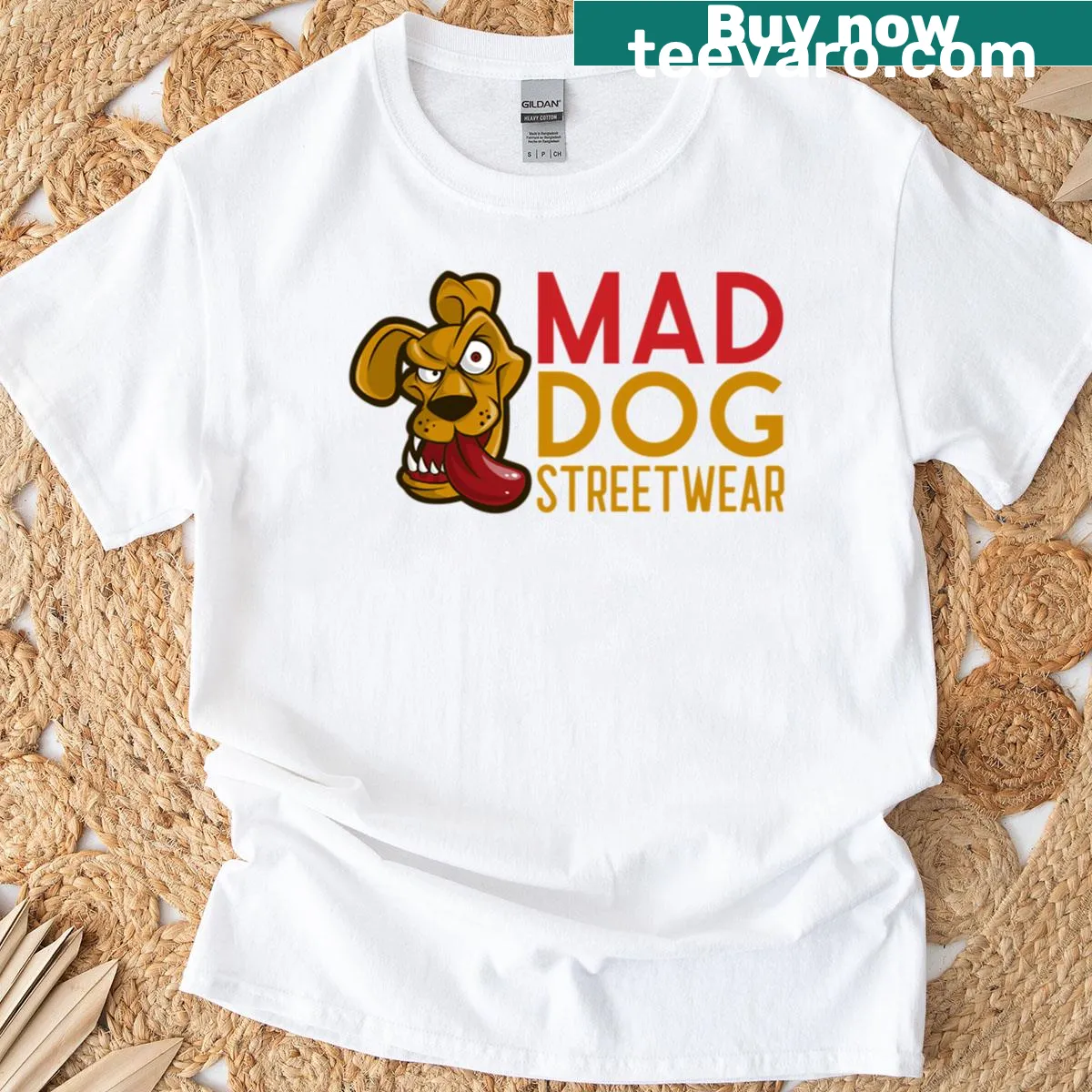 Urban streetwear T-shirt featuring the Mad Dog Streetwear logo — on a men's t-shirt