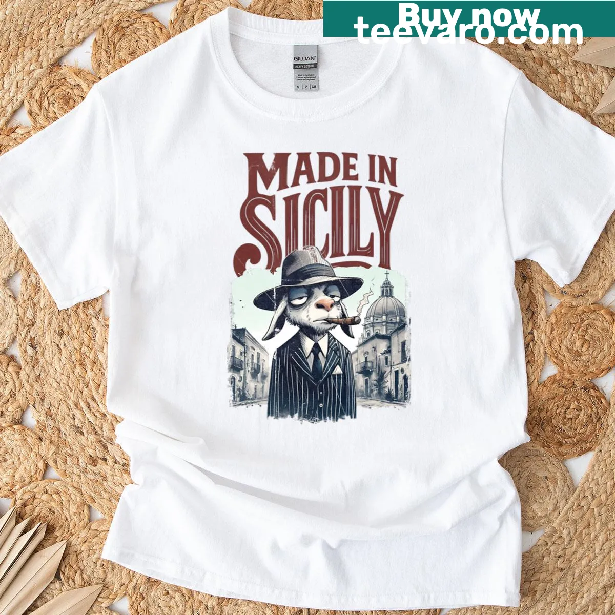 Funny T-shirt with a cartoon goat representing Mafia culture from Sicily — on a men's t-shirt
