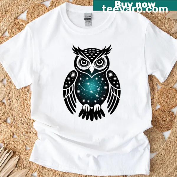 Whimsical owl design with constellation patterns on wings