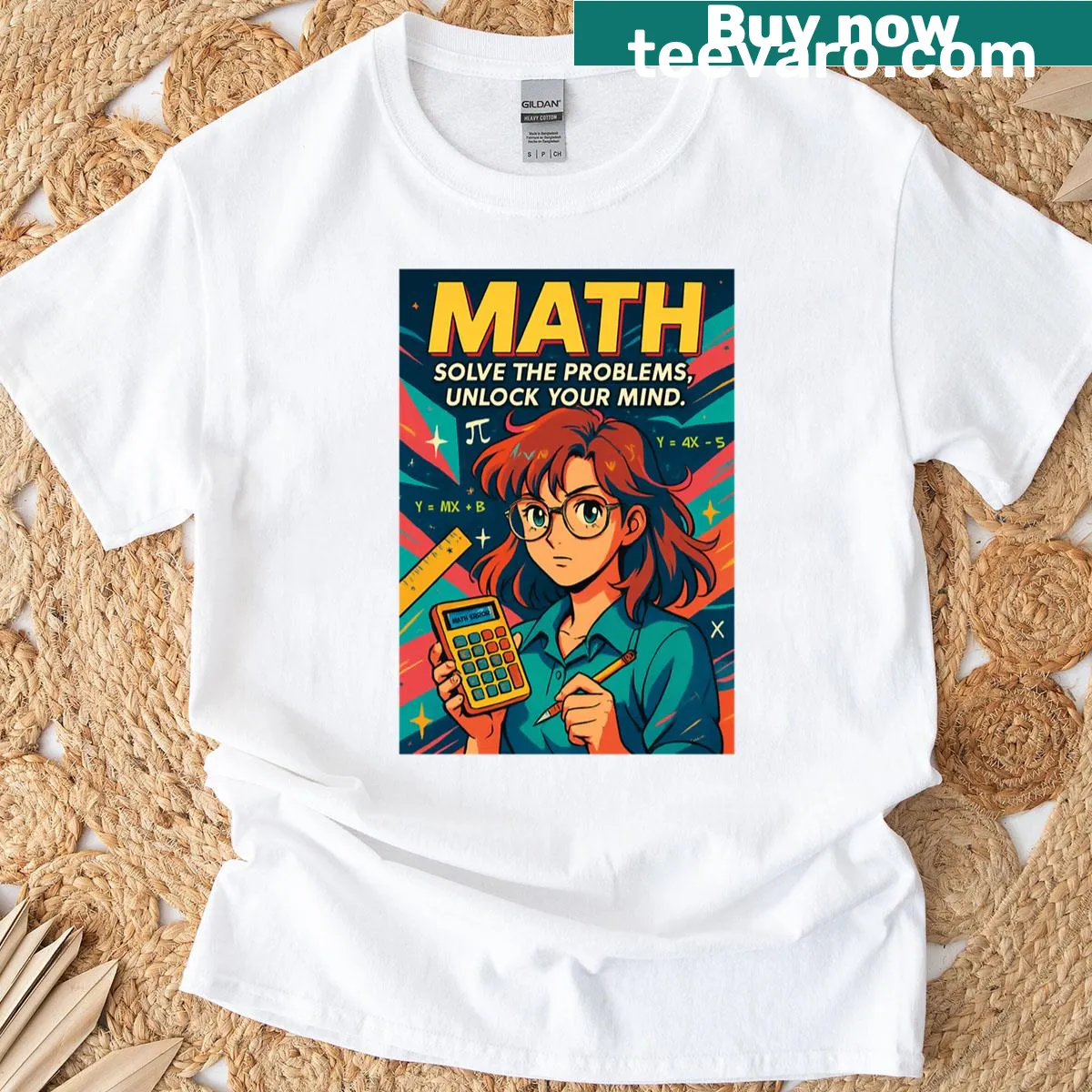 T-shirt with the phrase 'Math Solves Your Mind' in a playful font — on a men's t-shirt