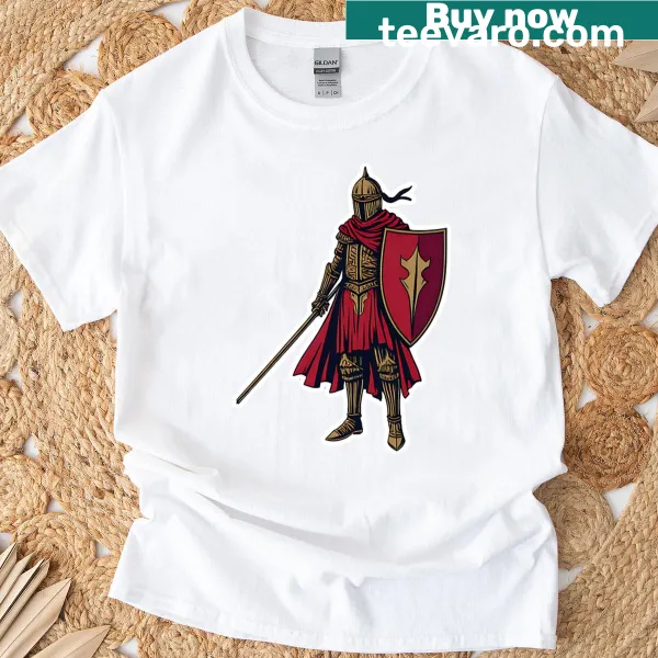 T-shirt featuring a medieval knight emblem design