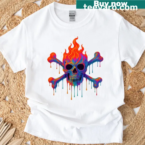 Grunge-style T-shirt featuring a melting skull and flaming crossbones