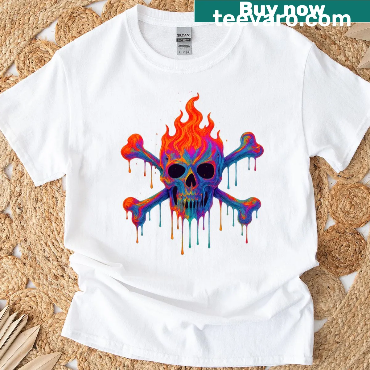Grunge-style T-shirt featuring a melting skull and flaming crossbones — on a men's t-shirt