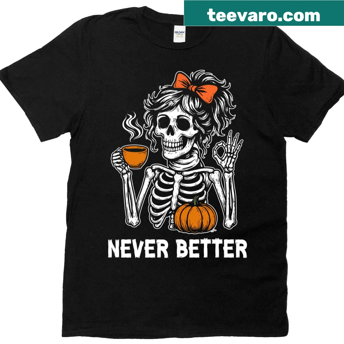 Cartoon skeleton with a messy bun and coffee cup T-shirt. — on a men's t-shirt
