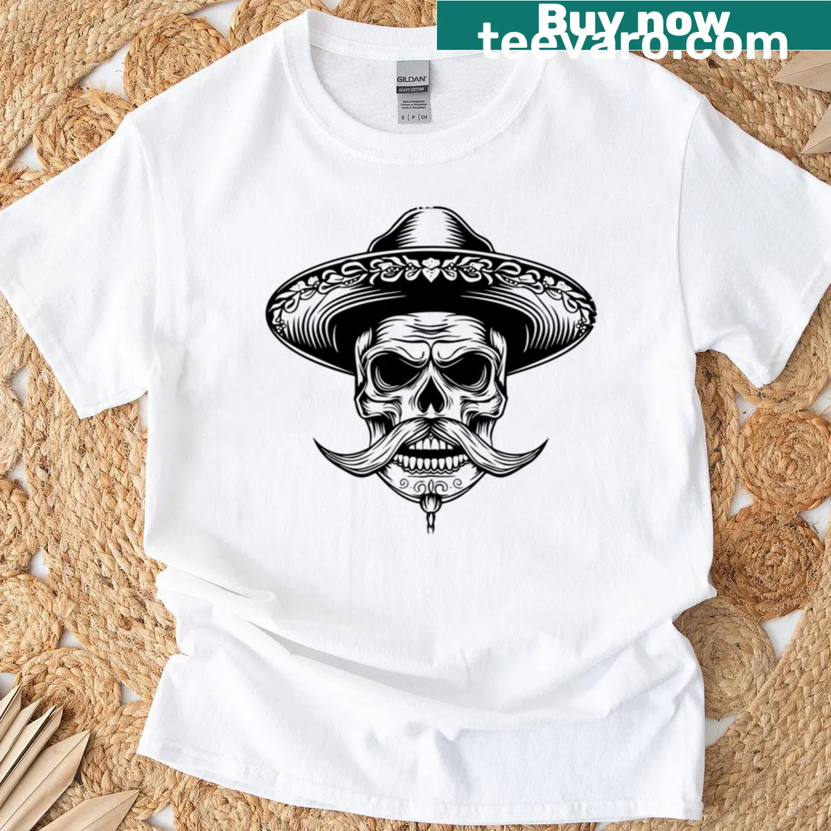 Illustrated T-shirt with a Mexican skull, sombrero, and mustache for Dia De Los Muertos. — on a men's t-shirt