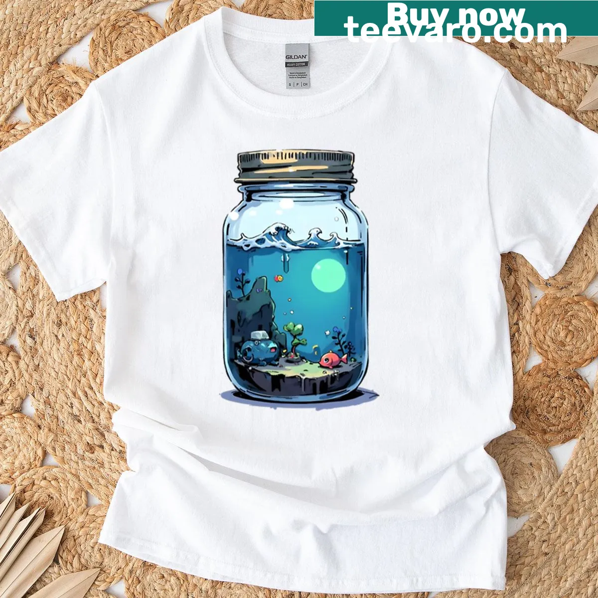 Surreal illustration of a mini ocean contained in a jar — on a men's t-shirt