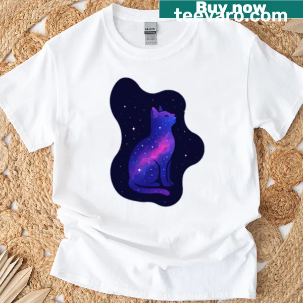 Minimalist T-shirt featuring a cat and fish illustration on a planet