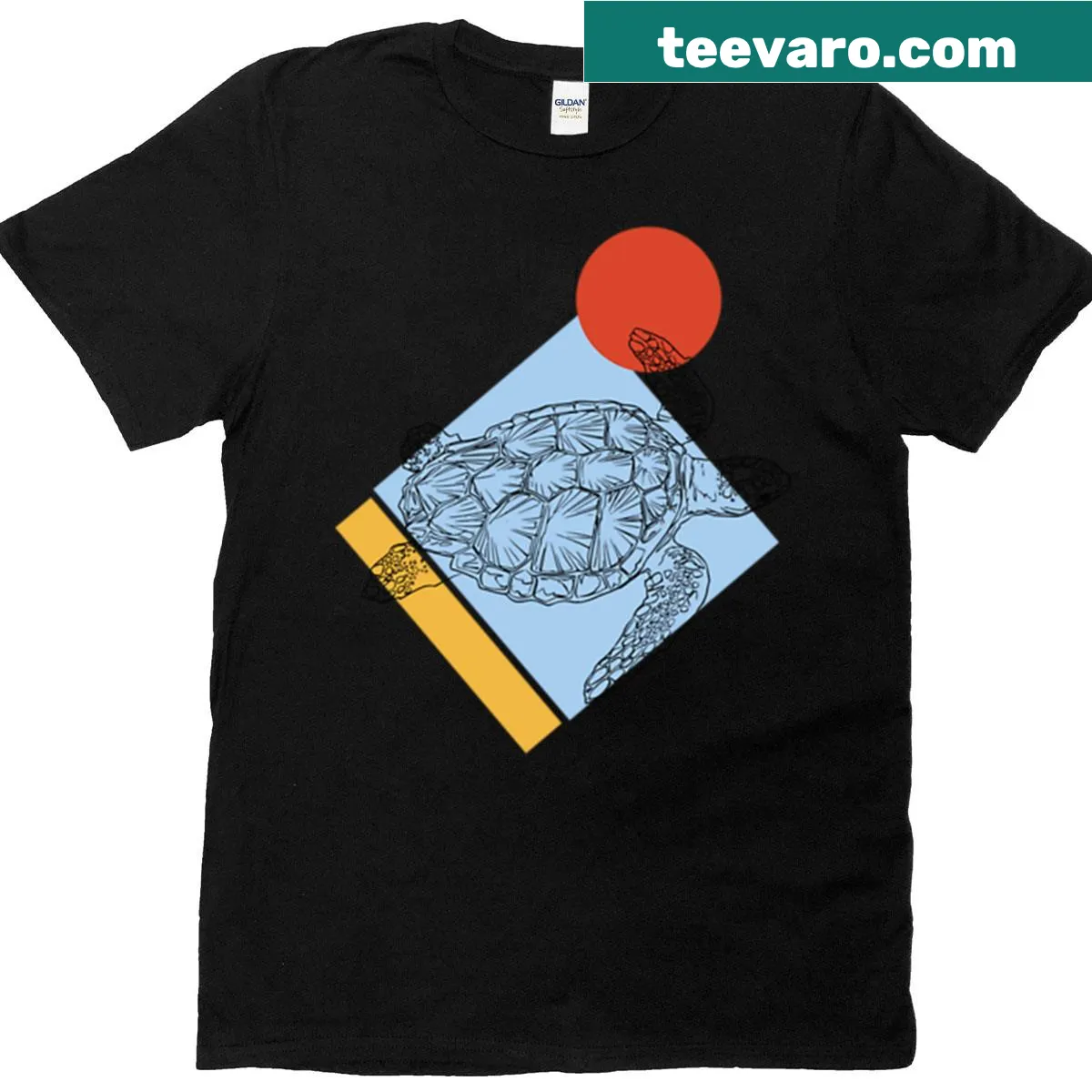 Minimalist sea turtle design with geometric shapes on a t-shirt — on a men's t-shirt