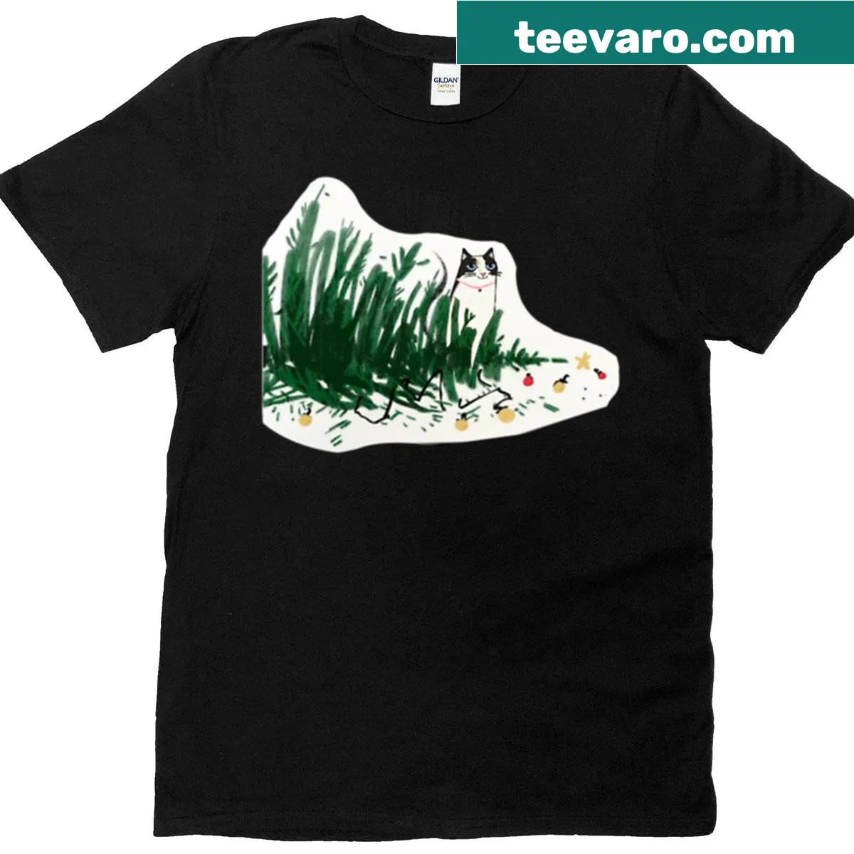 Holiday-themed T-shirt with a mischievous cat design, perfect for cat lovers. — on a men's t-shirt