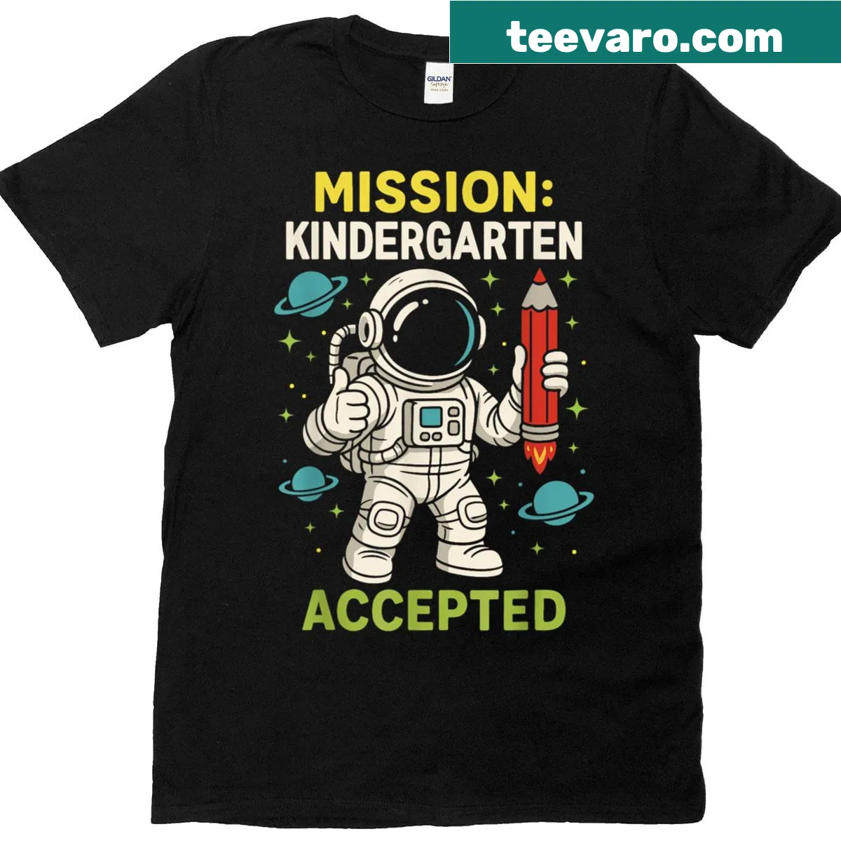 T-shirt with 'Mission Kindergarten Accepted' text and playful graphics — on a men's t-shirt