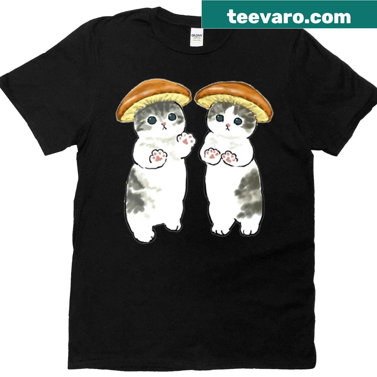 Cat and mushroom duo illustration on a t-shirt — on a men's t-shirt