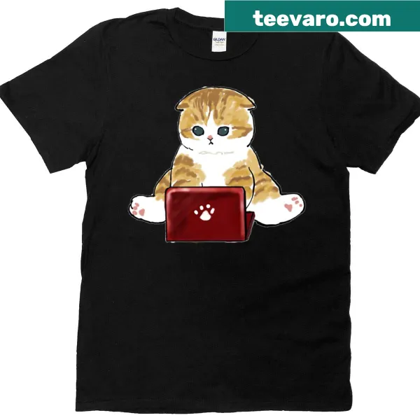 Cute t-shirt featuring a cat on a computer