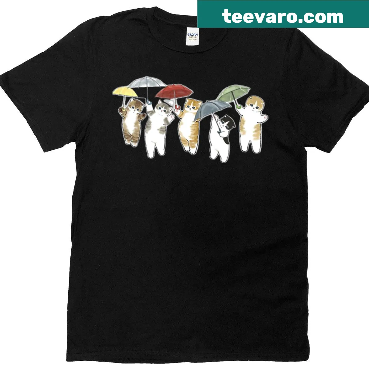 Whimsical t-shirt featuring cats in the rain — on a men's t-shirt