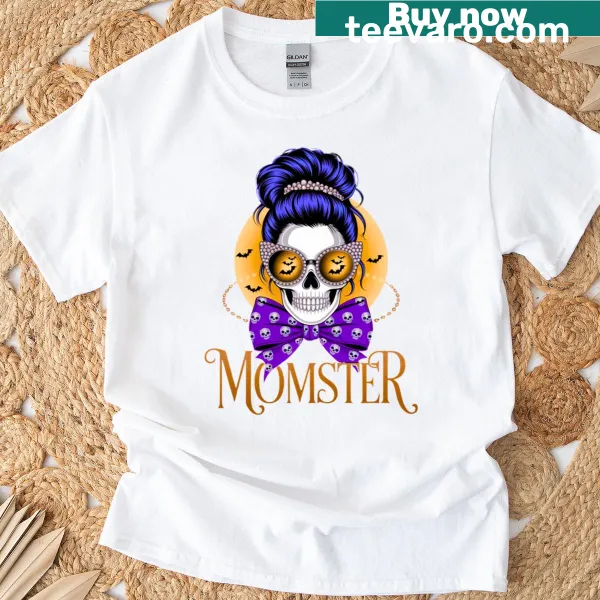 Funny skeleton momster t-shirt with a messy bun for Halloween