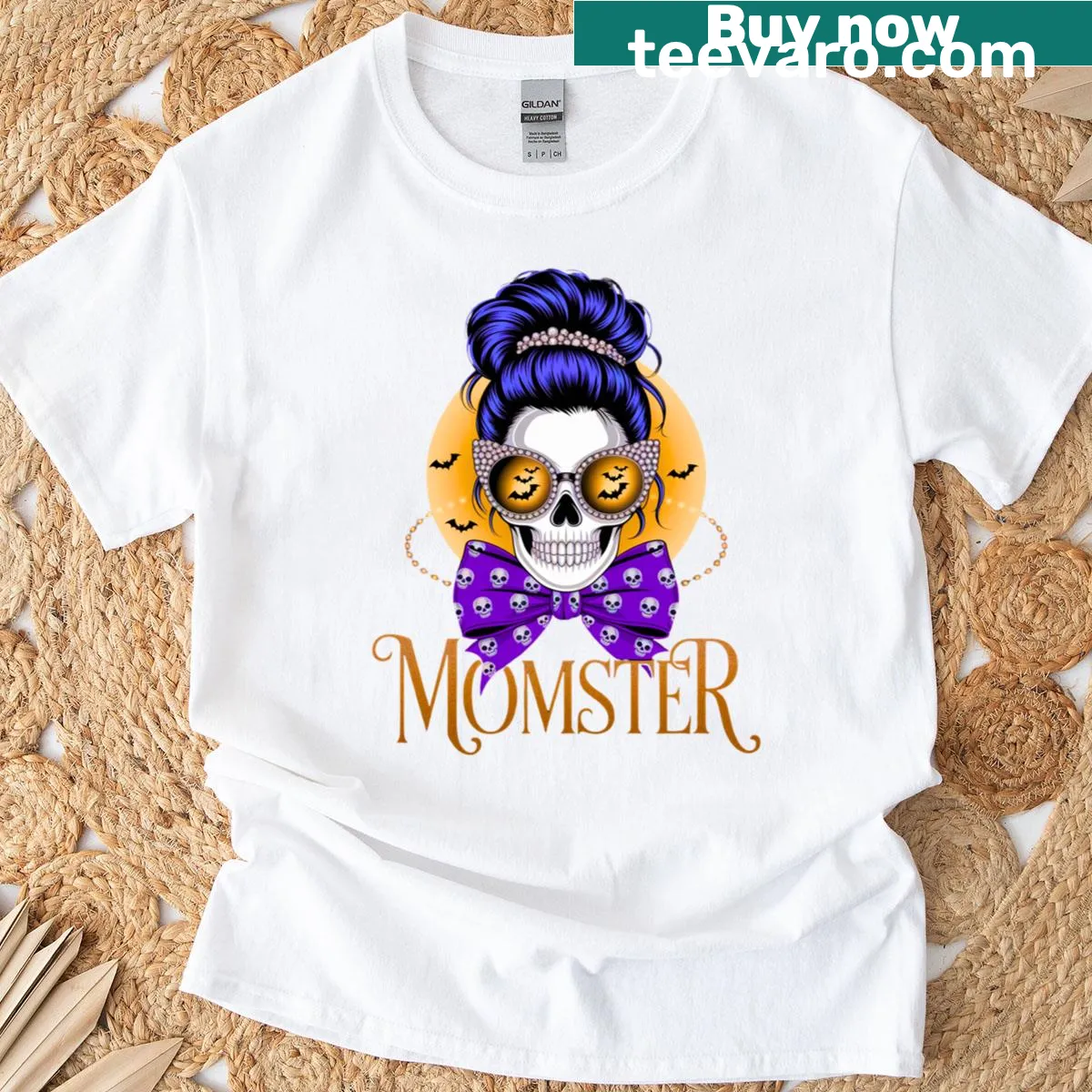 Funny skeleton momster t-shirt with a messy bun for Halloween — on a men's t-shirt