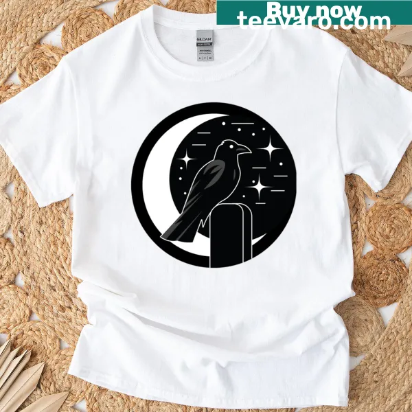 Moonlight raven illustrated T-shirt conveying mystery and nature