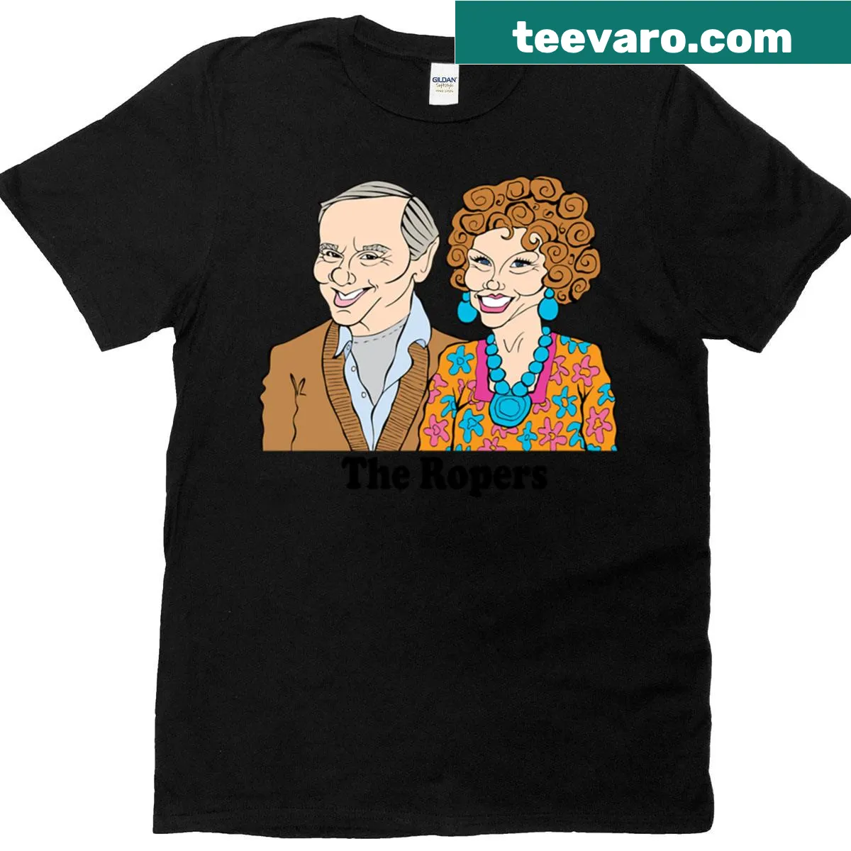 Fan art t-shirt featuring Mr. and Mrs. Roper from Three's Company — on a men's t-shirt
