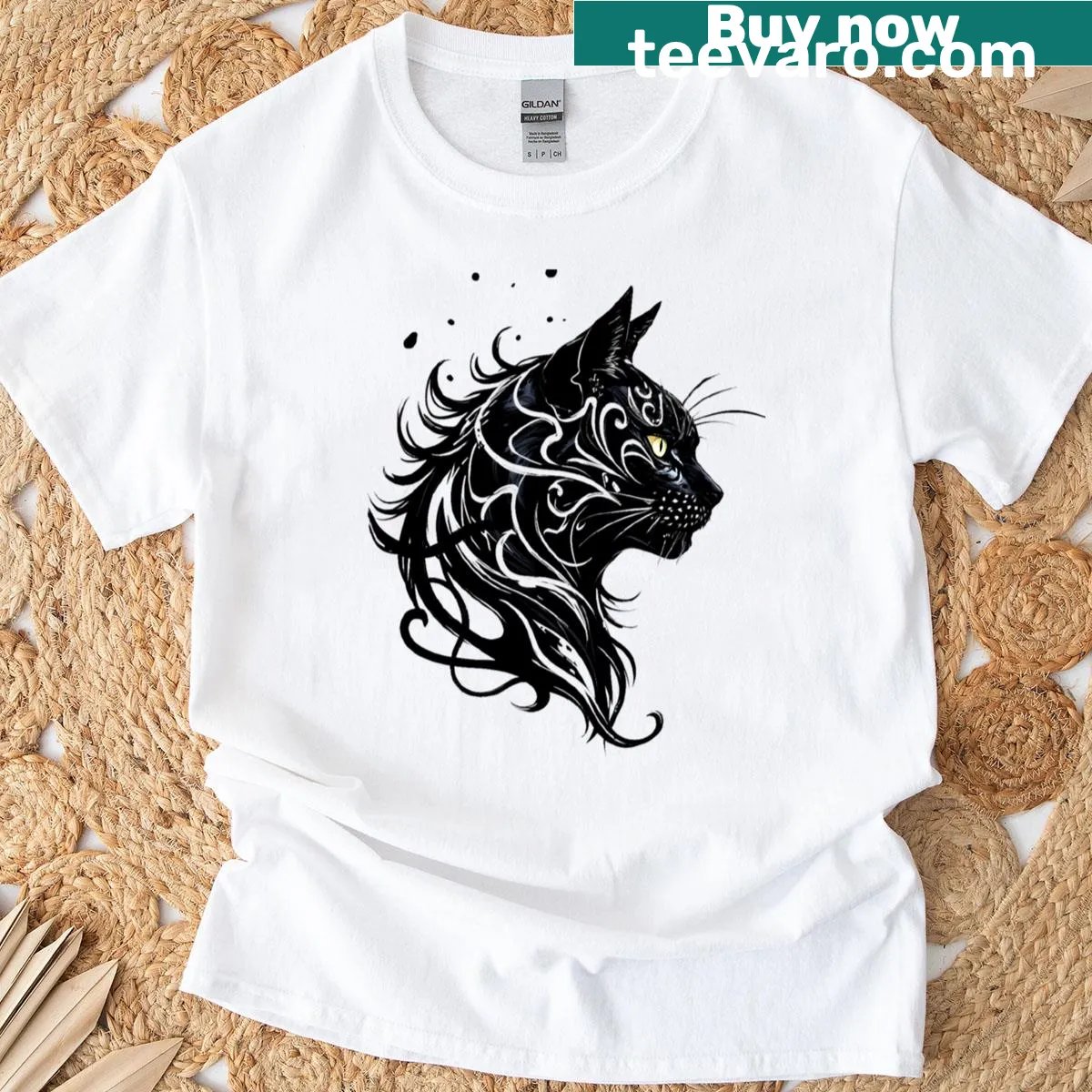 Tribal ink design of a black cat with golden eyes on a t-shirt — on a men's t-shirt