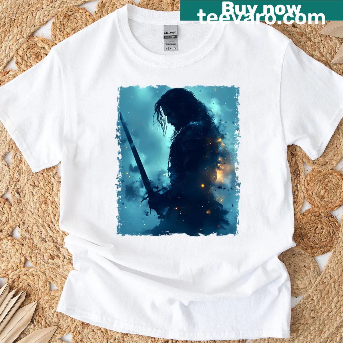T-shirt featuring a mystical warrior in blue light design — on a men's t-shirt