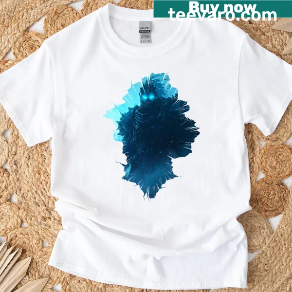 Mystical T-shirt design of an ice warrior with dark aura