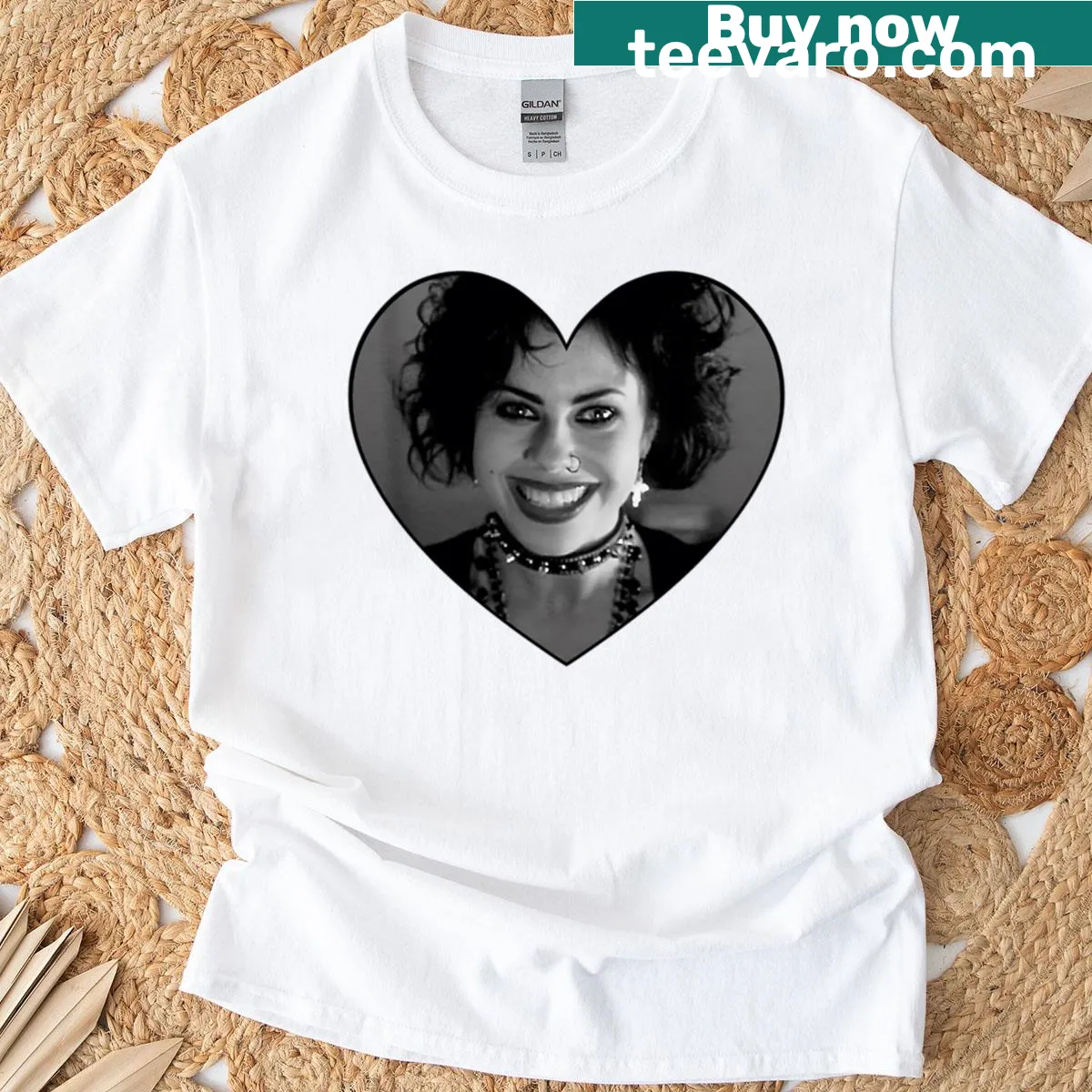 Stylized black and white heart design inspired by Nancy Downs — on a men's t-shirt