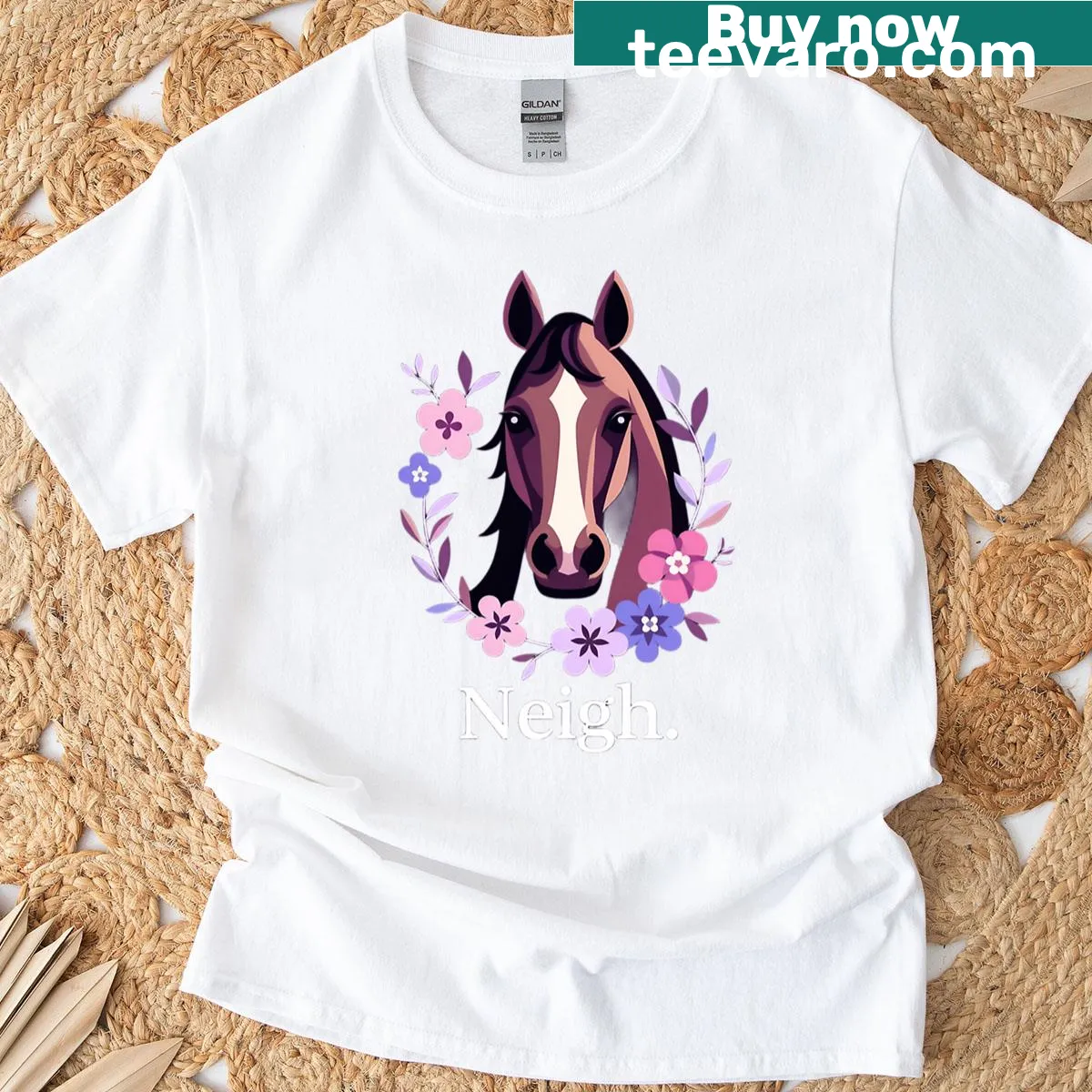 Cartoon horse design with 'Neigh' text on a t-shirt for horse lovers — on a men's t-shirt