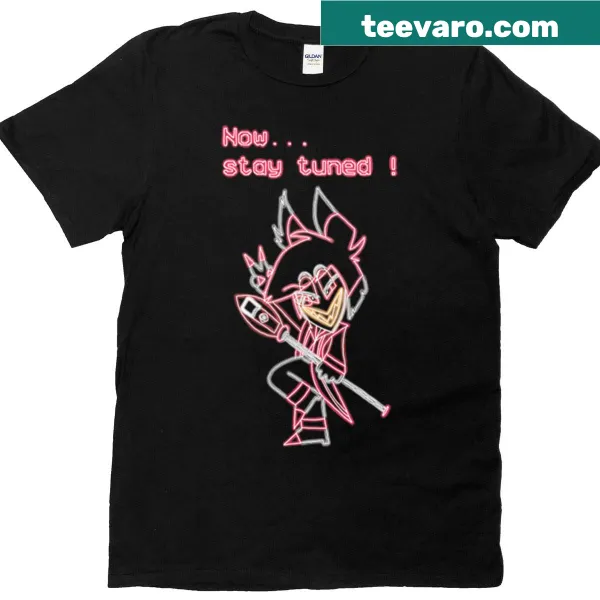 Neon illustration of Alastor from Hazbin Hotel on a t-shirt