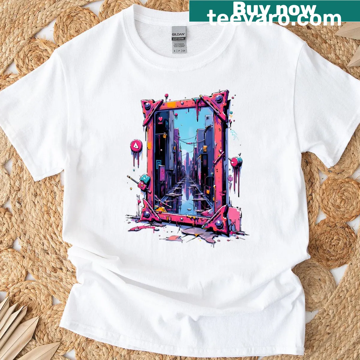 Cyberpunk cityscape illustration with neon reflections in a mirror — on a men's t-shirt