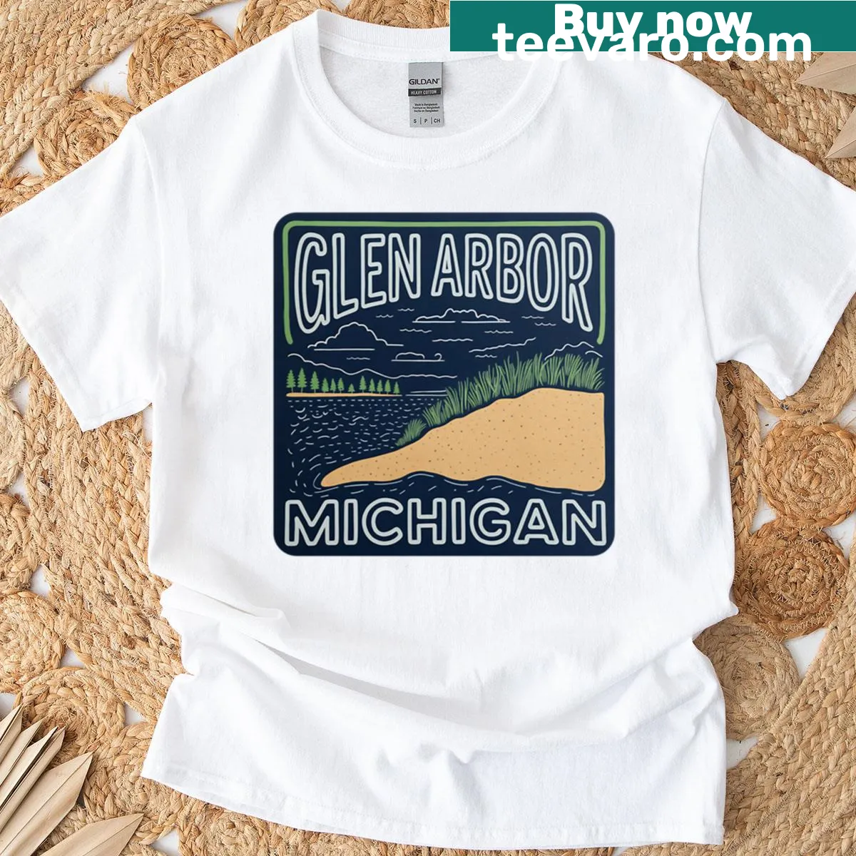 Illustrated Glen Arbor Michigan sand dunes design on a T-shirt — on a men's t-shirt
