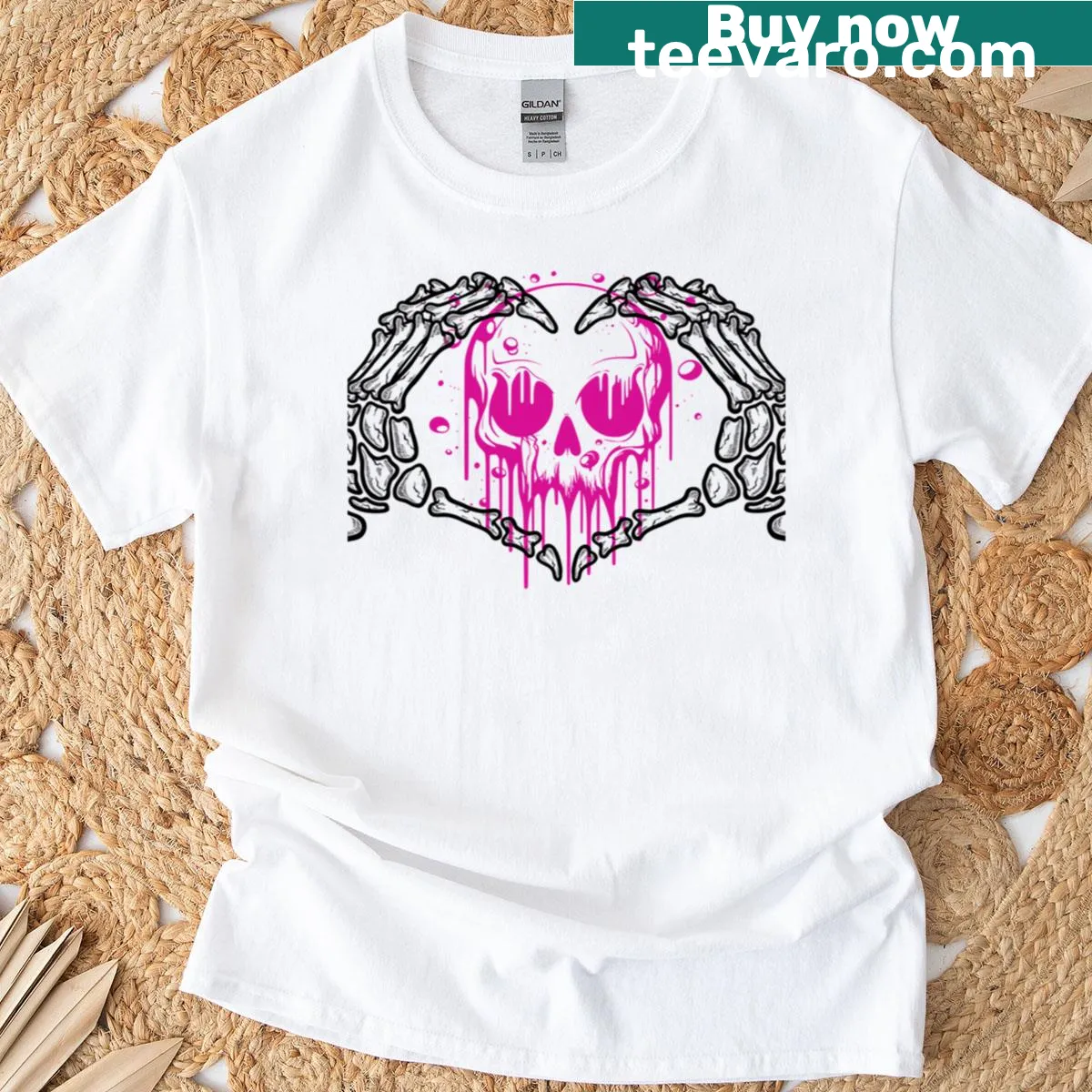 Neon pink dripping skull design on a trendy T-shirt — on a men's t-shirt