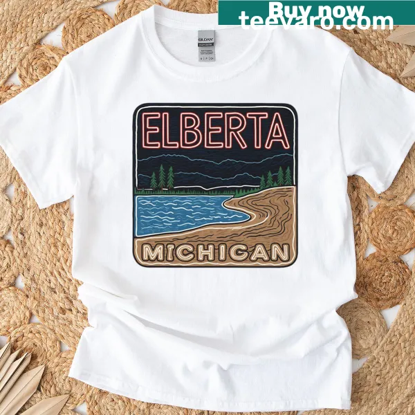 Illustration of neon sand dunes in Elberta, Michigan on T-shirt.
