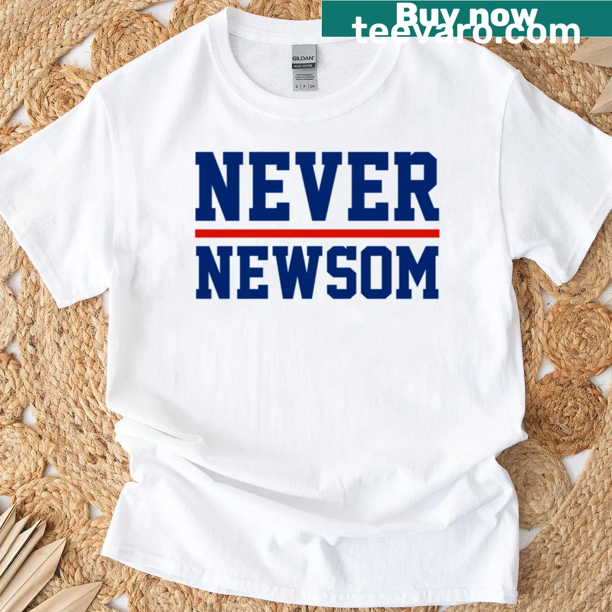 Never Newsom t-shirt with bold typography design for political expression — on a men's t-shirt