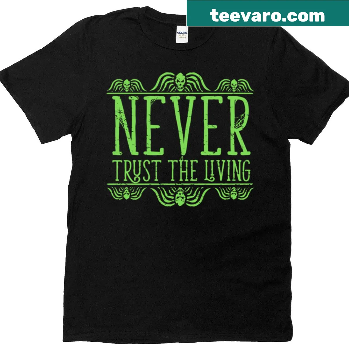 Sarcastic t-shirt with text about not trusting the living — on a men's t-shirt
