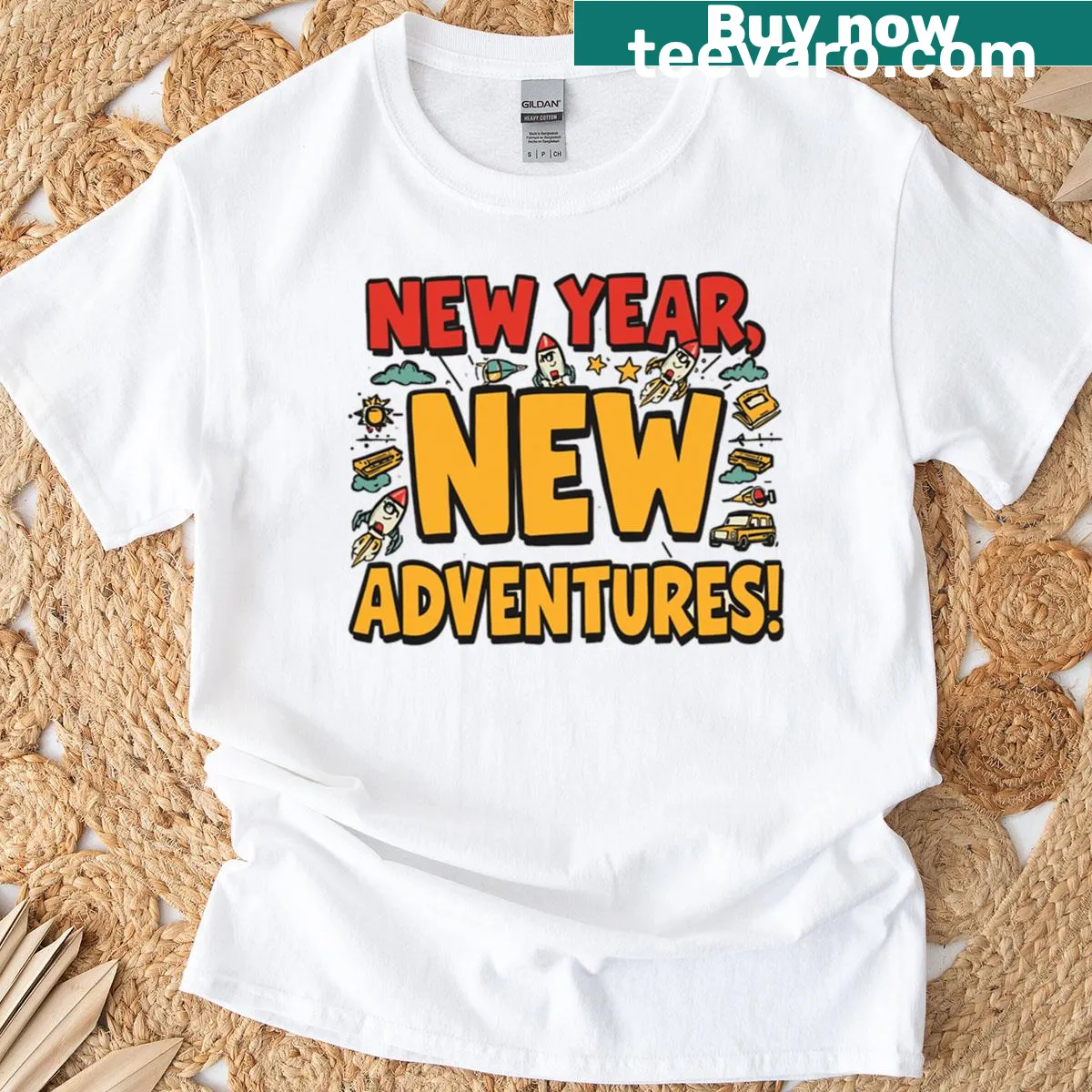 Typography design celebrating new adventures for the New Year — on a men's t-shirt