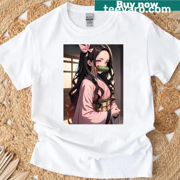 Nezuko Kamado from Demon Slayer with bamboo muzzle on T-shirt.
