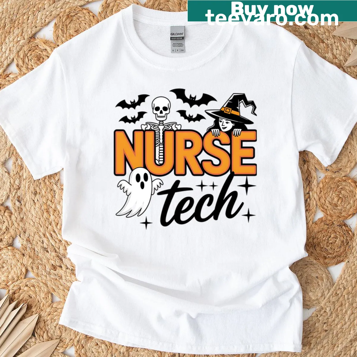 Cartoon skeleton witch and ghost design on Nurse Tech Halloween t-shirt. — on a men's t-shirt