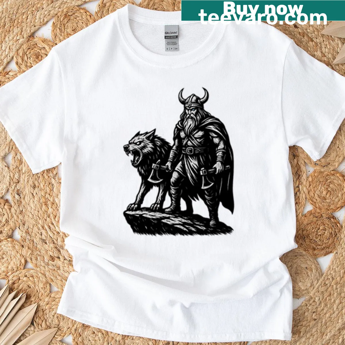 Illustration of Odin and Fenrir preparing for battle on a t-shirt — on a men's t-shirt