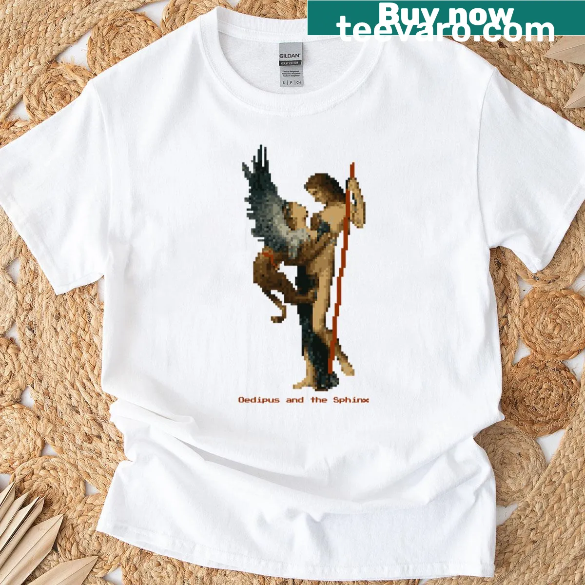 Retro pixel art of Oedipus and the Sphinx on a t-shirt — on a men's t-shirt