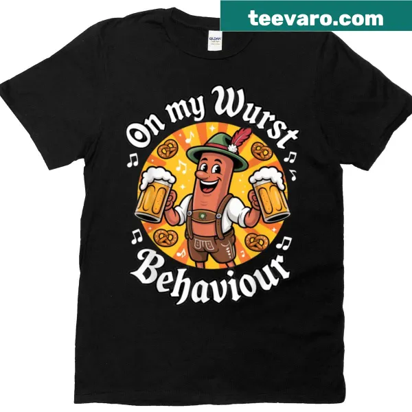 Funny T-shirt with the phrase 'Oktoberfest On My Wurst Behavior', ideal for beer lovers.