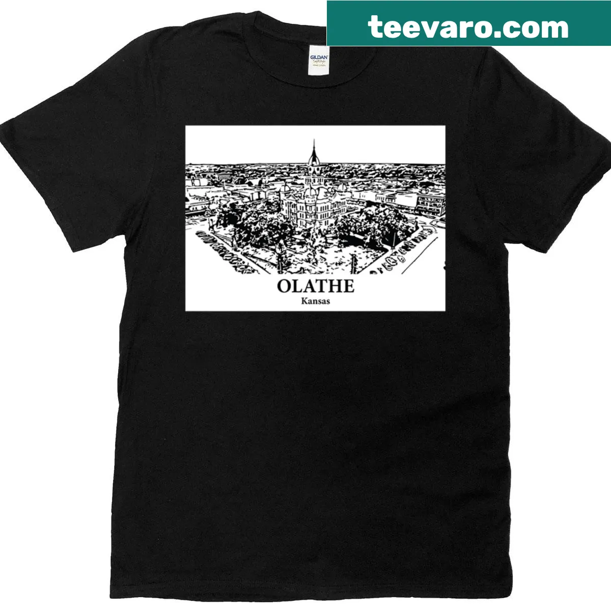 Minimalist Olathe Kansas T-shirt with typographic design — on a men's t-shirt