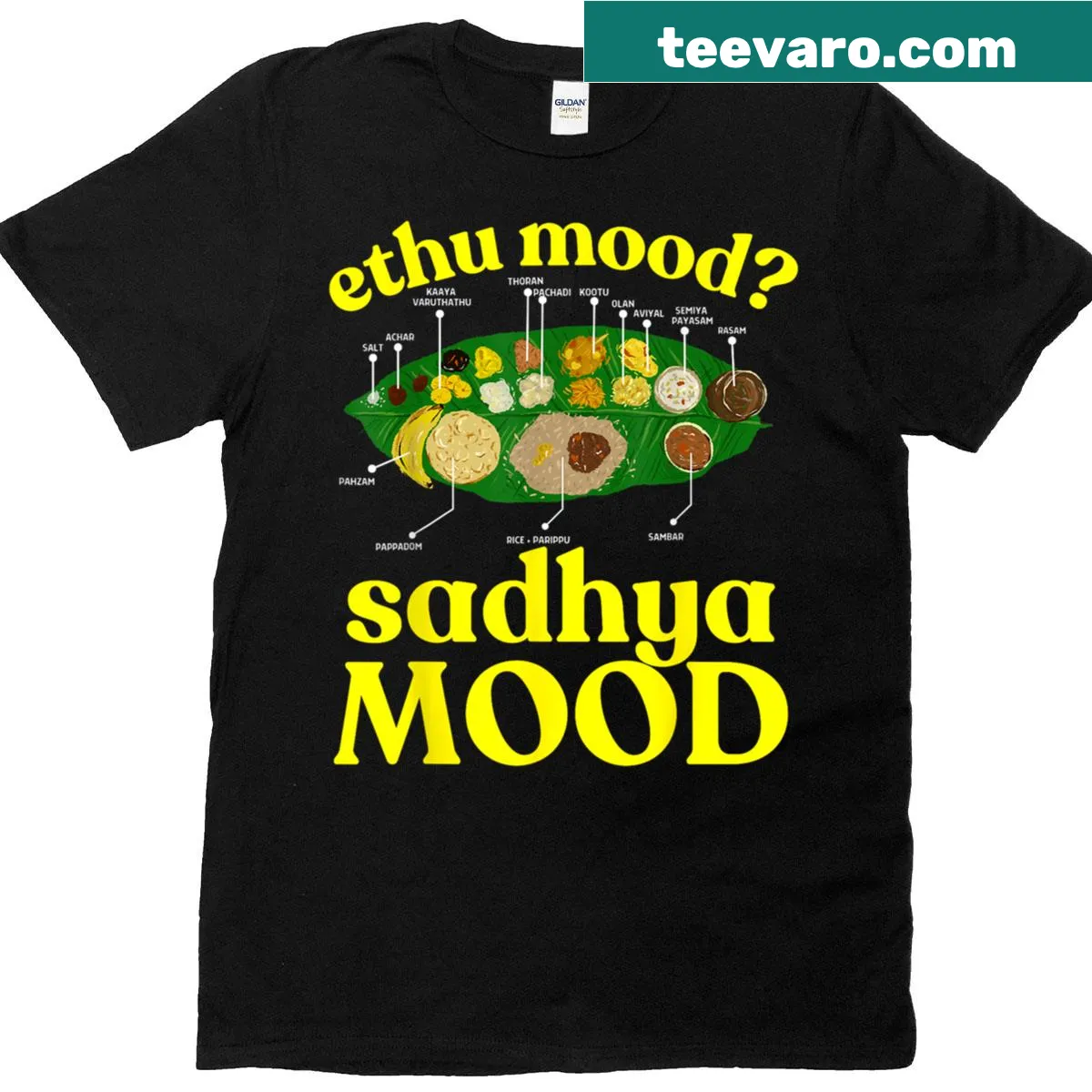 Playful Onam T-shirt with Sadhya feast theme, suitable for all ages — on a men's t-shirt