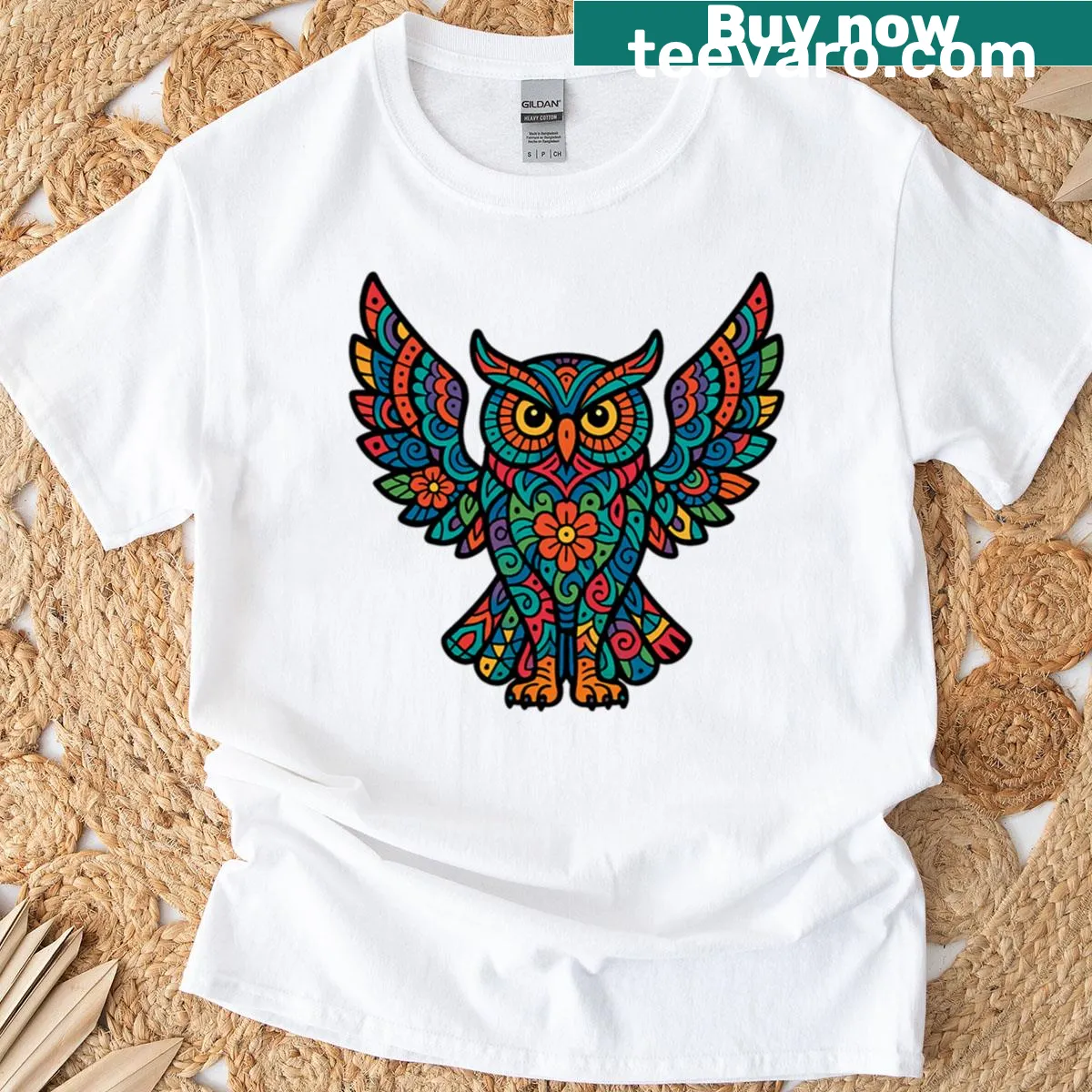 Colorful owl alebrije inspired by Mexican art — on a men's t-shirt