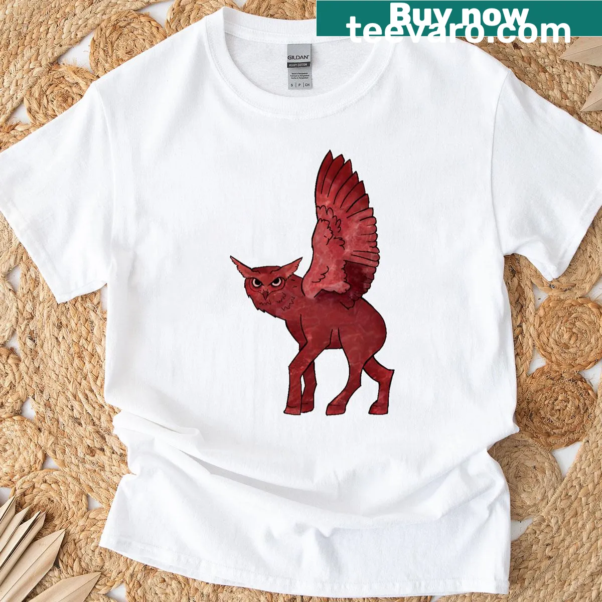 Quirky T-shirt featuring an owl-donkey hybrid illustration — on a men's t-shirt