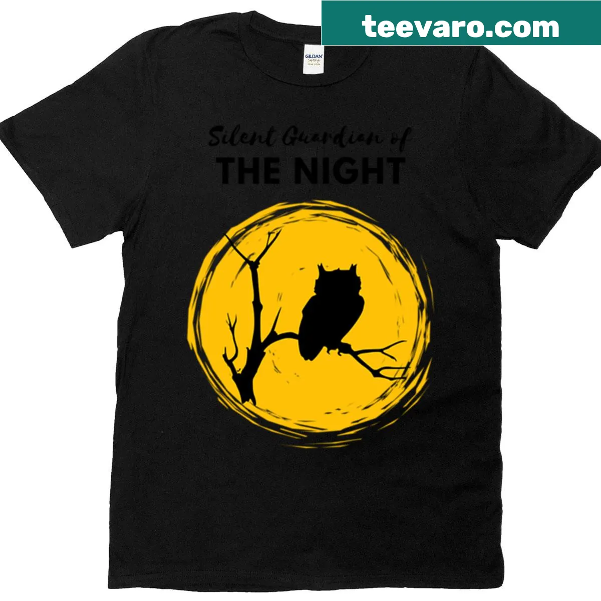 Minimalist owl silhouette on branch with moonlight circle. — on a men's t-shirt